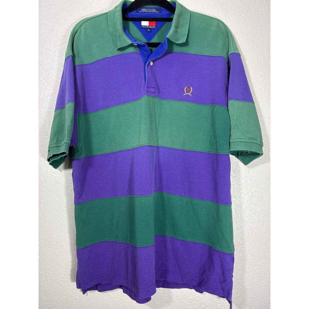 Vintage Tommy Hilfiger Polo Shirt Mens Large Green Purple Striped Crest Logo 90s